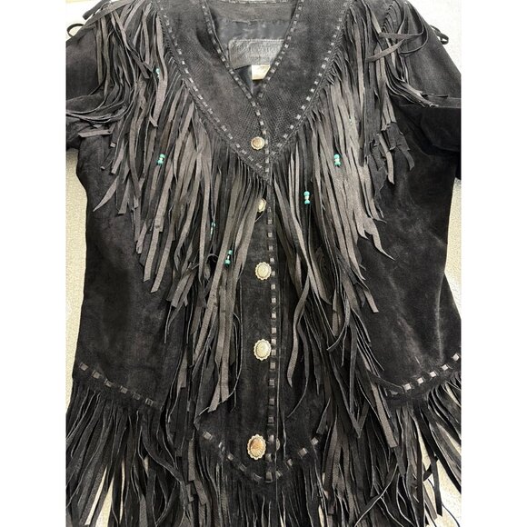 Vintage Womens Genuine Leather Black Fringe Jacket With Turquoise Bead Accents S - Picture 12 of 16